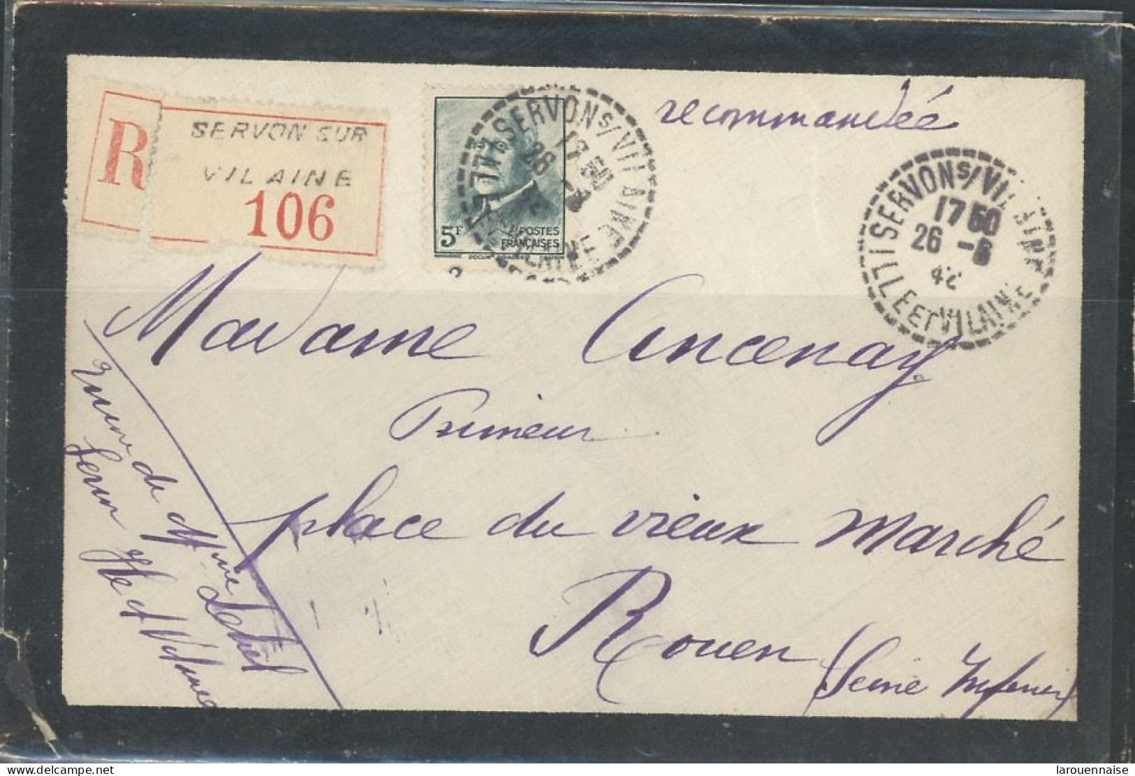 35-SERVON SUR VILAINE -BUREAU DE DISTRIBUTION -N°524 /LSC RECOMMANDÉE POUR ROUEN -CàD TYPE B4 DU 26-8- 42 -TARIF 5-1-42- - 1877-1920: Semi-Moderne