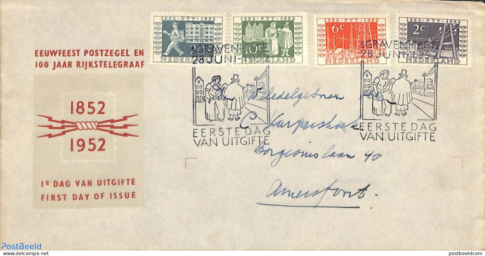 Netherlands 1952 Stamp Centenary 4v FDC, Open Flap, Written Address, First Day Cover, Post - Lettres & Documents