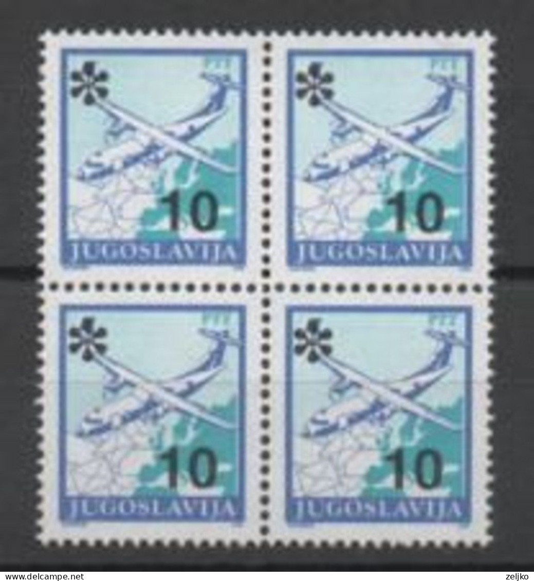 Yugoslavia 1993, MNH, Michel 2567, Block Of 4, Airplane - Unused Stamps