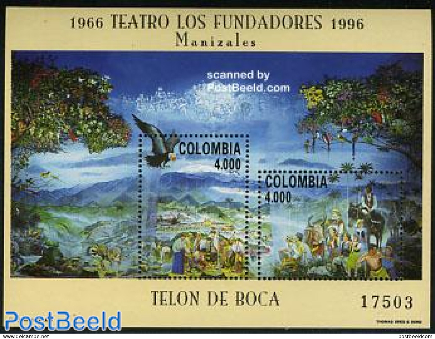 Colombia 1996 Los Fundadores Theatre S/s, Mint NH, Nature - Performance Art - Birds - Theatre - Theater