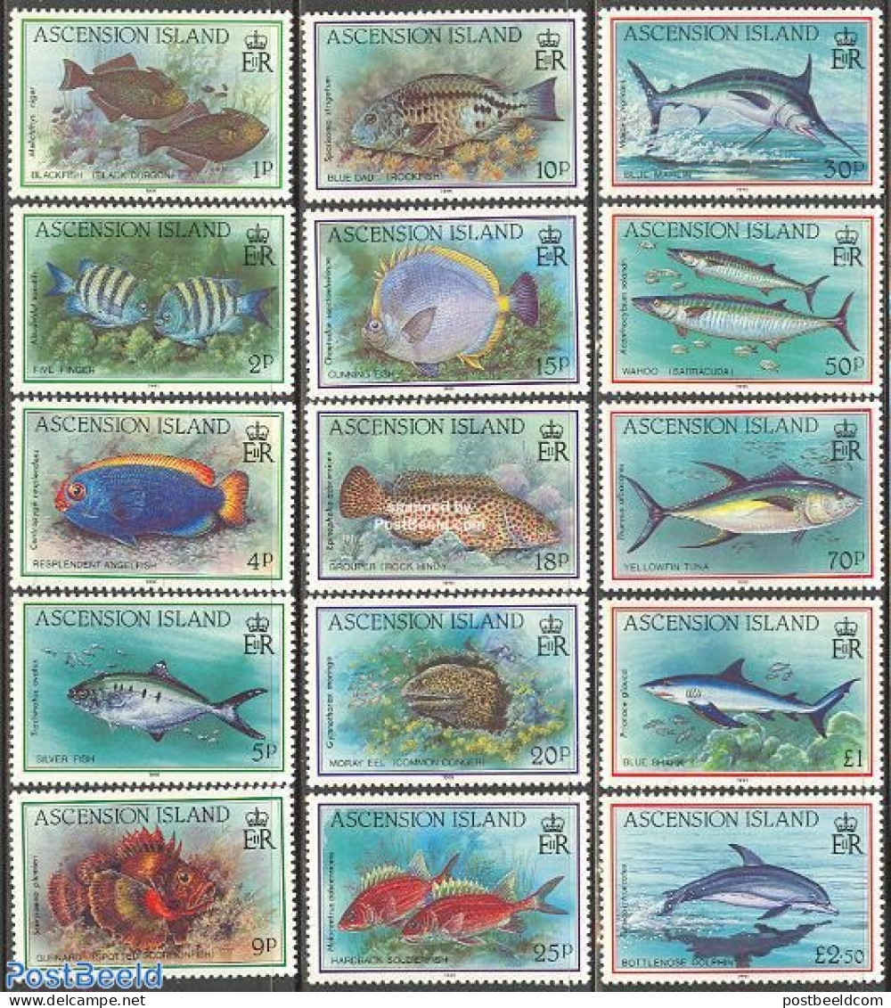 Ascension 1991 Definitives, Fish 15v, Mint NH, Nature - Fish - Sharks - Vissen