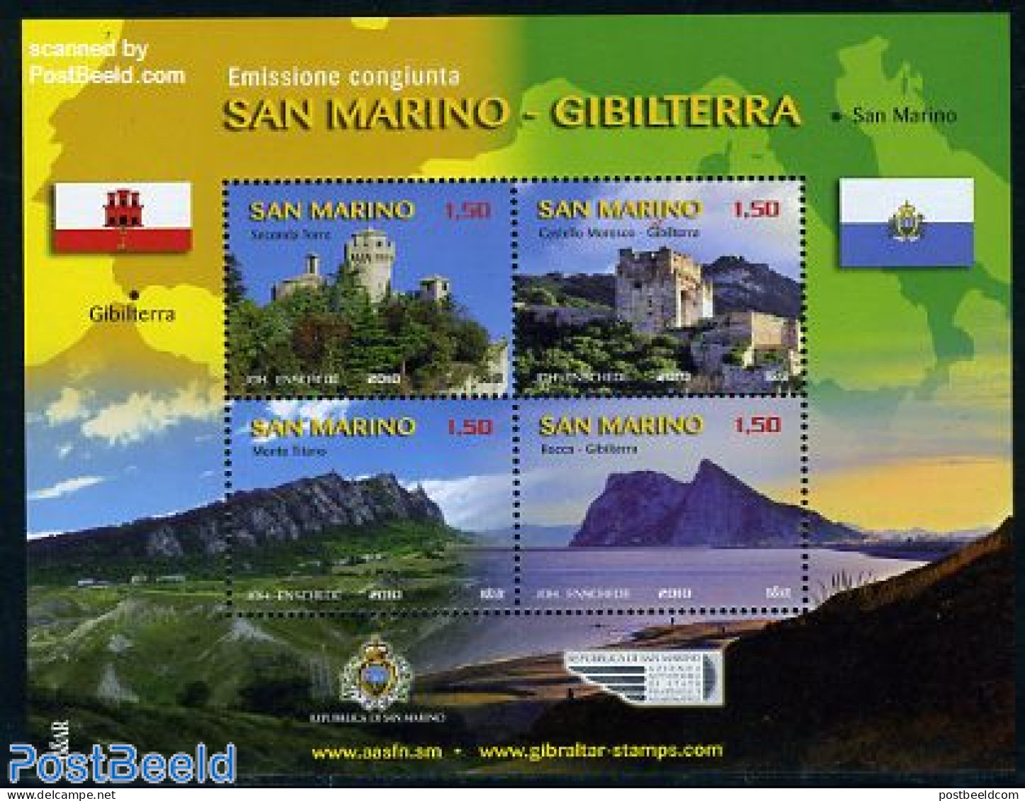 San Marino 2010 Joint Issue With Gibraltar S/s, Mint NH, Various - Joint Issues - Art - Castles & Fortifications - Neufs