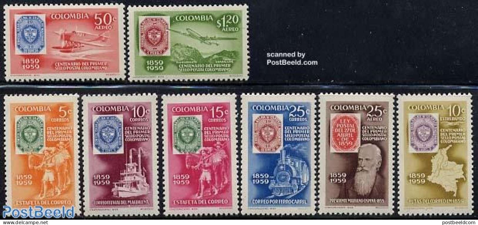 Colombia 1959 Stamp Centenary 8v, Mint NH, Transport - Various - 100 Years Stamps - Post - Stamps On Stamps - Aircraft.. - Poste