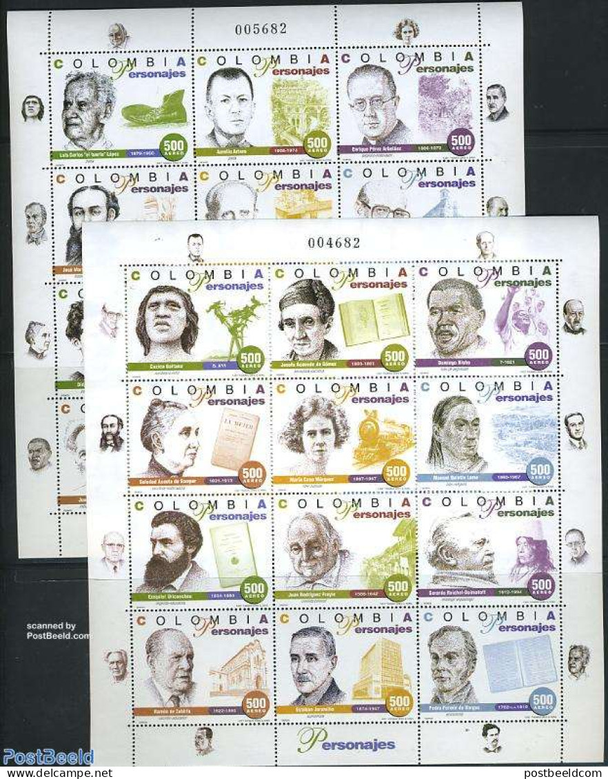Colombia 1997 Famous Persons 2x12v M/s, Mint NH, Transport - Aircraft & Aviation - Art - Authors - Books - Airplanes