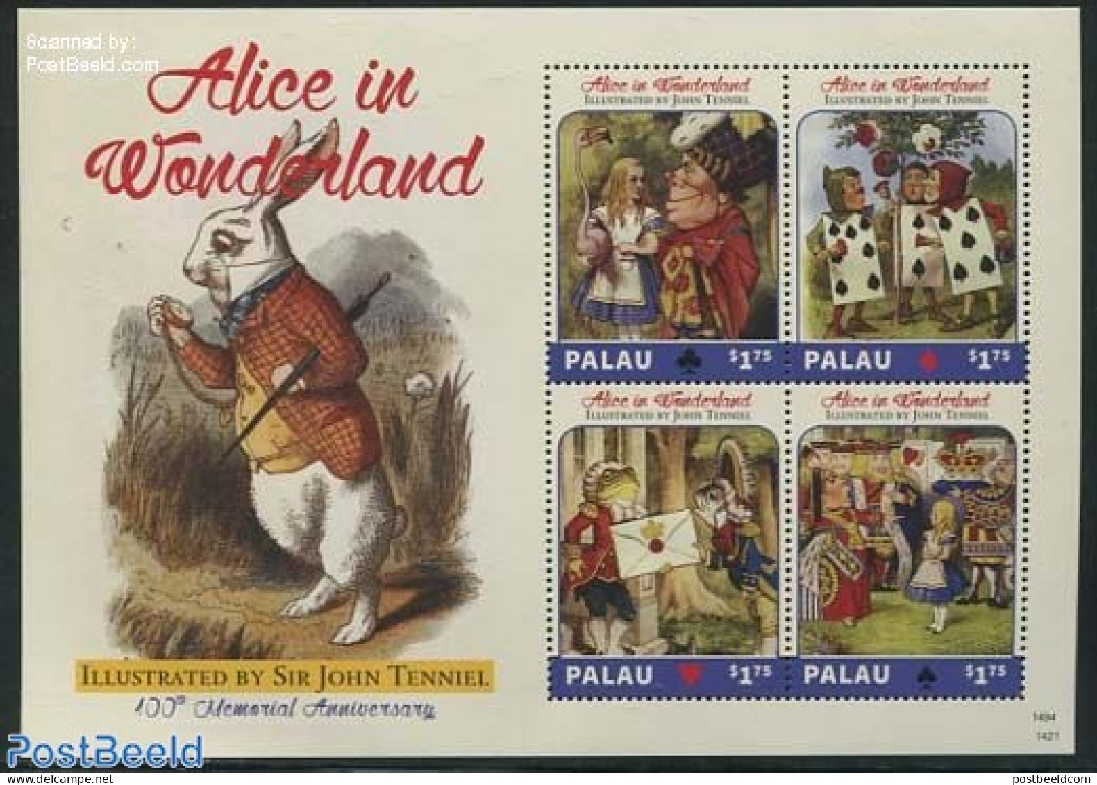 Palau 2014 Alice In Wonderland 4v M/s, Mint NH, Sport - Playing Cards - Art - Children's Books Illustrations - Sonstige & Ohne Zuordnung