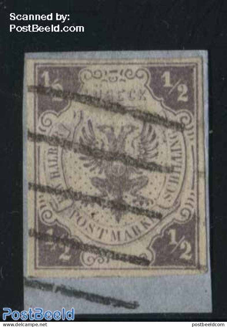 Germany, Lubeck 1859 1/2Sch, Dark Violet Grey, Used On Piece Of Paper, Multiple Control Stamps On Backside, Used Stamps - Autres & Non Classés