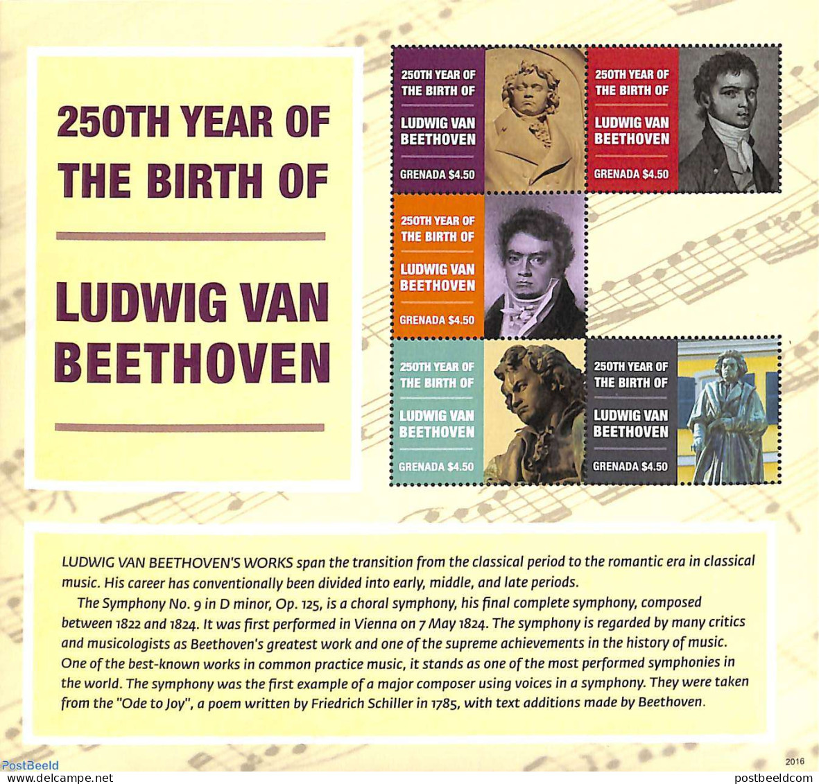 Grenada 2020 Ludwig Von Beethoven 5v M/s, Mint NH, Performance Art - Music - Art - Composers - Muziek