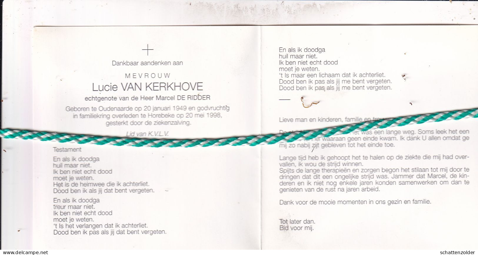 Lucie Van Kerkhove-De Ridder, Oudenaarde 1949, Horebeke 1998. Foto - Todesanzeige