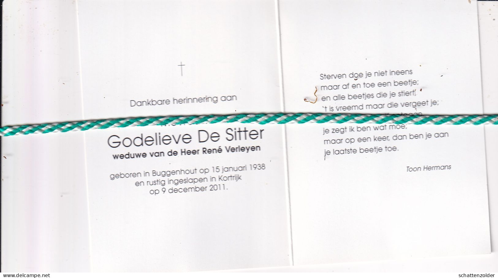 Godelieve De Sitter-Verleyen, Buggenhout 1938, Kortrijk 2011. Foto - Todesanzeige