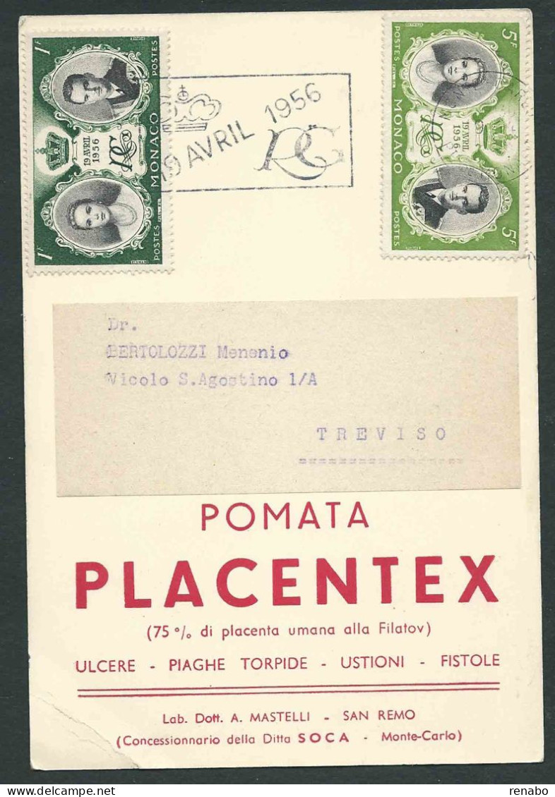 Reclame Pomata PLACENTEX. MONACO 1956; FDC Viaggiato: Mariage Prince Rainier III Grace Kelly. Piega In Angolo - Publicités