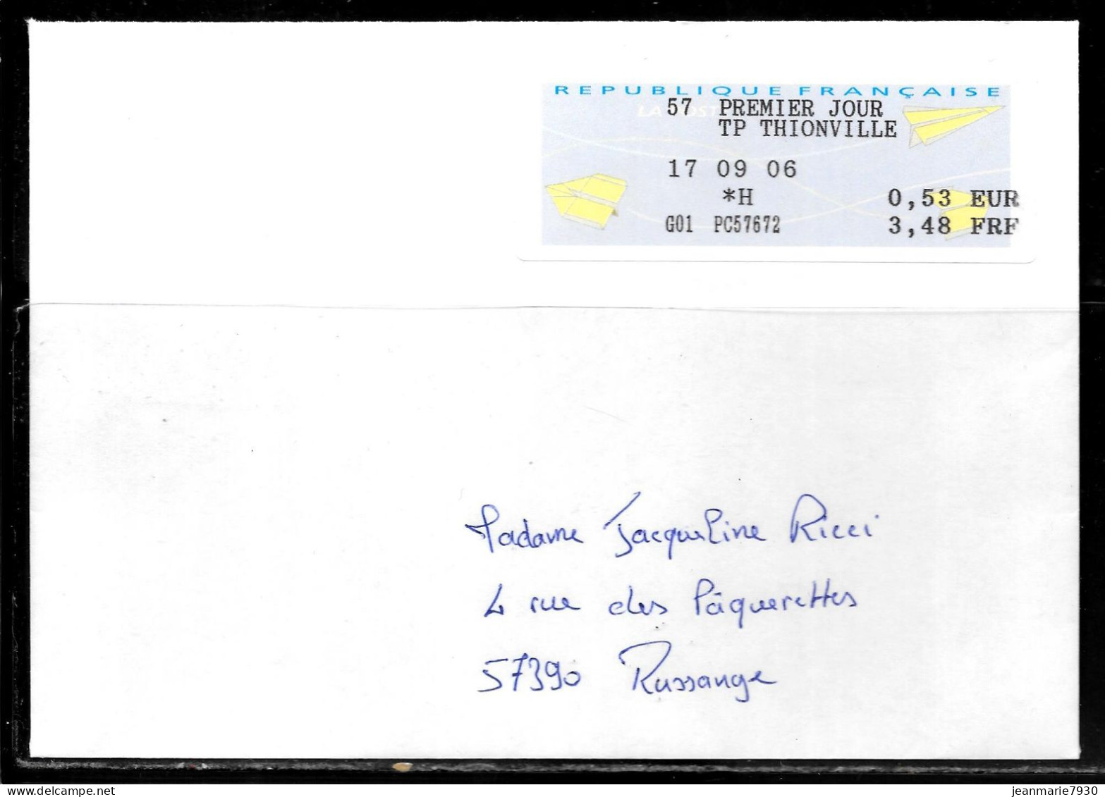 P188 - LETTRE DE THIONVILLE DU 17/09/06 + VIGNETTE MOG - PREMIER JOUR DU TIMBRE DE THIONVILLE PONT ECLUSE - 2000 « Avions En Papier »