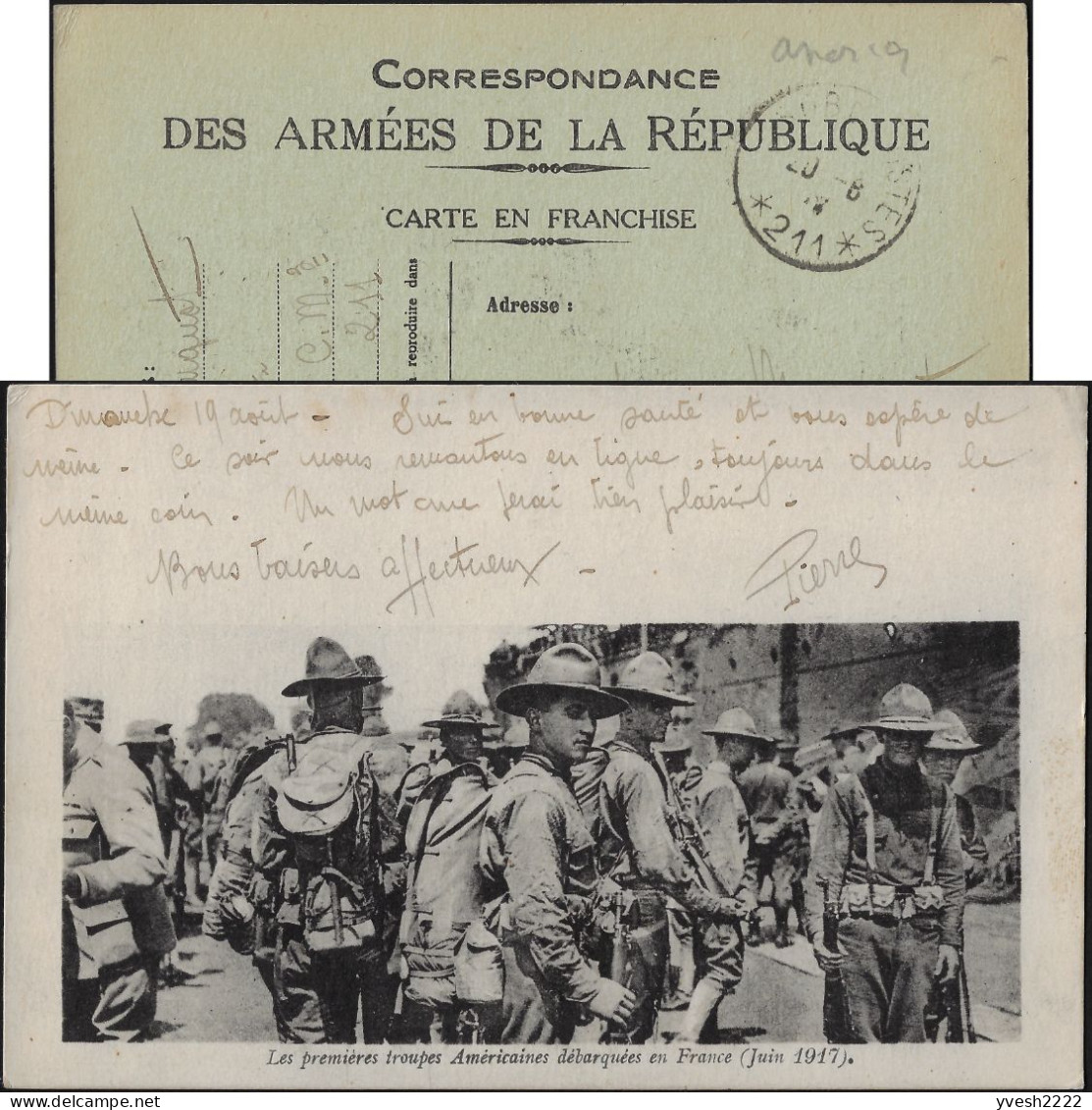 France 1917. Carte De Franchise Militaire. Premiers Soldats Américains En France, Juin 1917. Chapeaux Scouts Ou 4 Bosses - Lettres & Documents