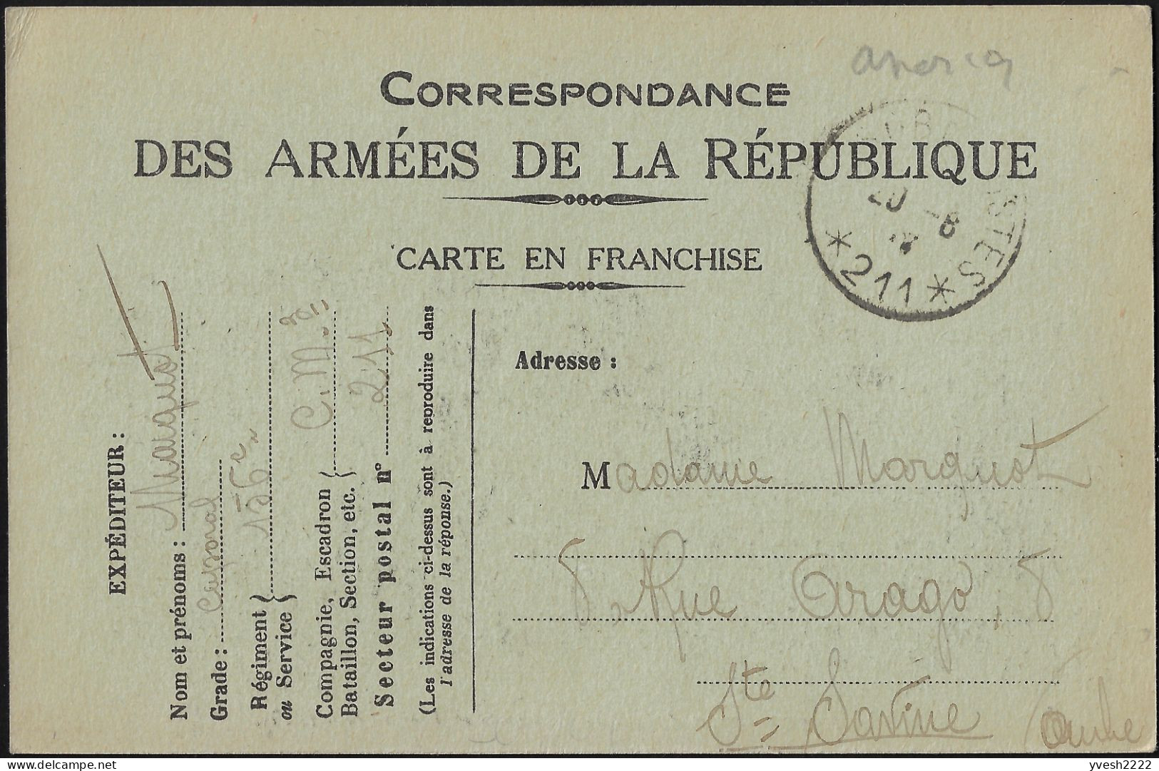 France 1917. Carte De Franchise Militaire. Premiers Soldats Américains En France, Juin 1917. Chapeaux Scouts Ou 4 Bosses - Lettres & Documents