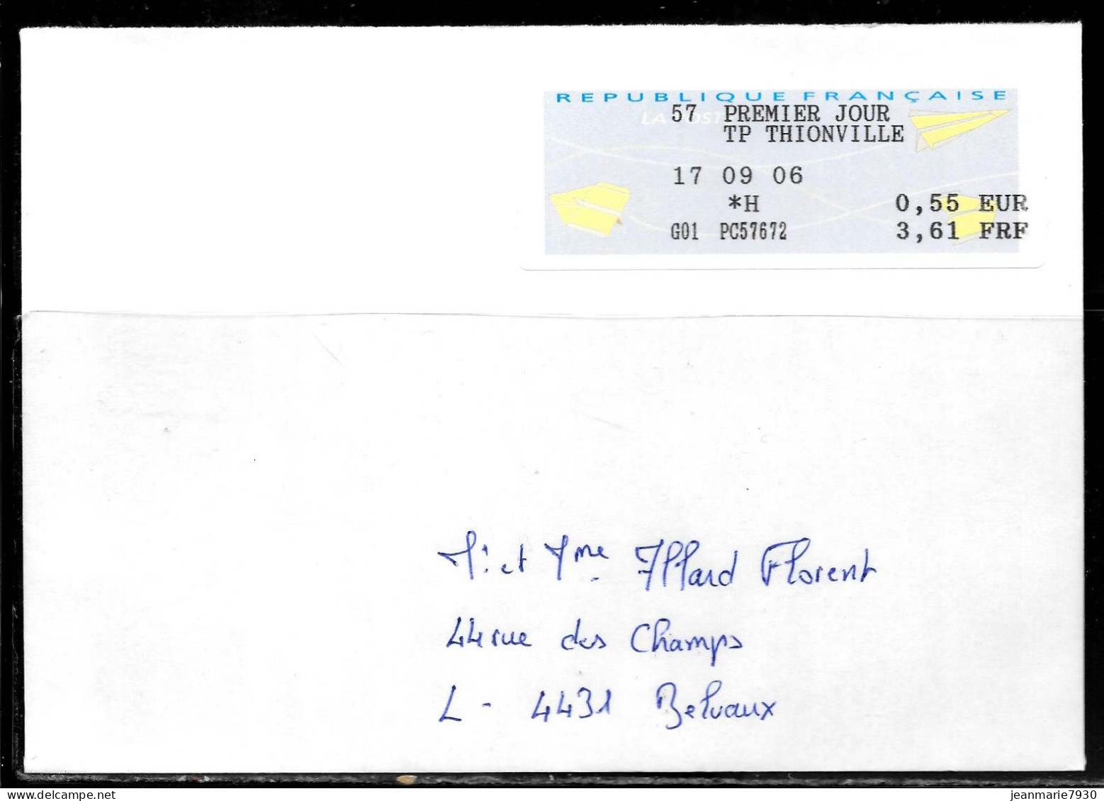 P186 - LETTRE DE THIONVILLE DU 17/09/06 POUR LE LUXEMBOURG + VIGNETTE MOG - 2000 « Avions En Papier »