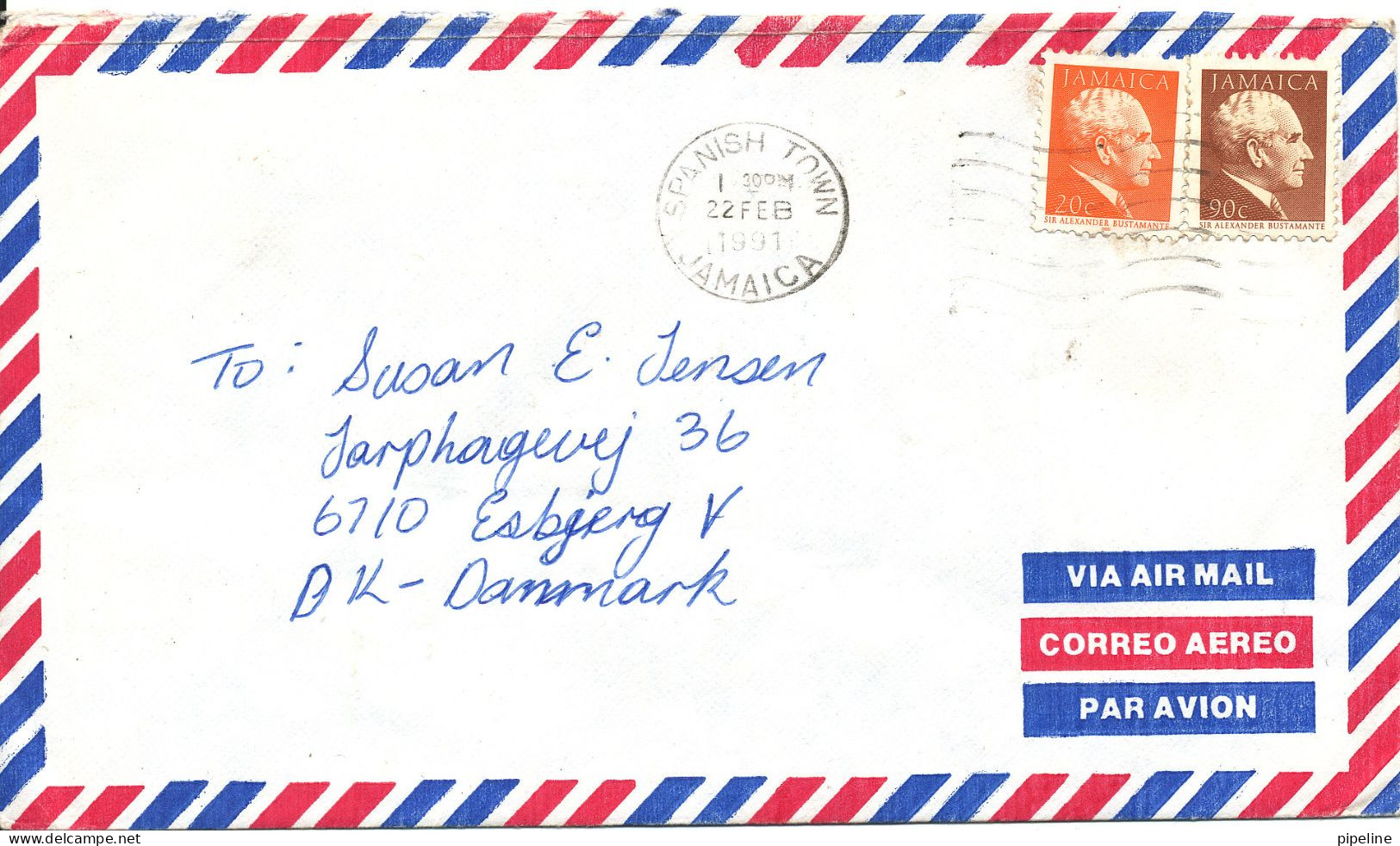 Jamaica Air Mail Cover Sent To Denmark Spanish Town 22-2-1991 - Jamaique (1962-...)