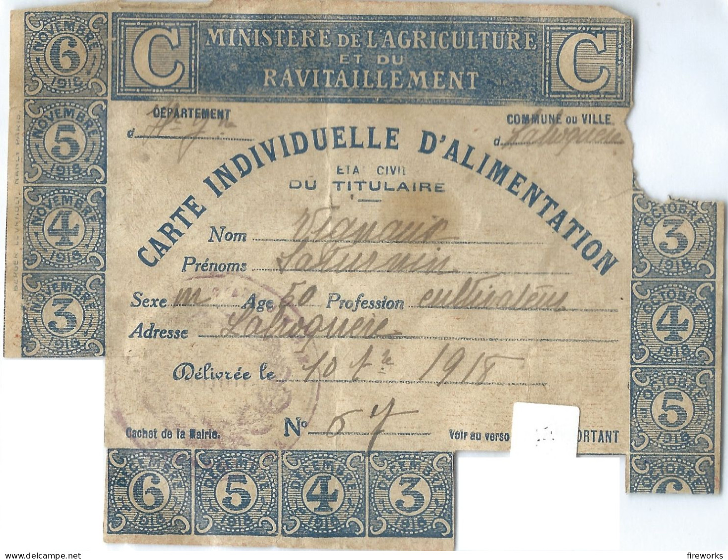 1918 - CARTE INDIVIDUELLE D'ALIMENTATION De VIGNAUX Saturnin HAUTE-GARONNE - COMMUNE DE LABROQUÈRE (31) - 1914-18