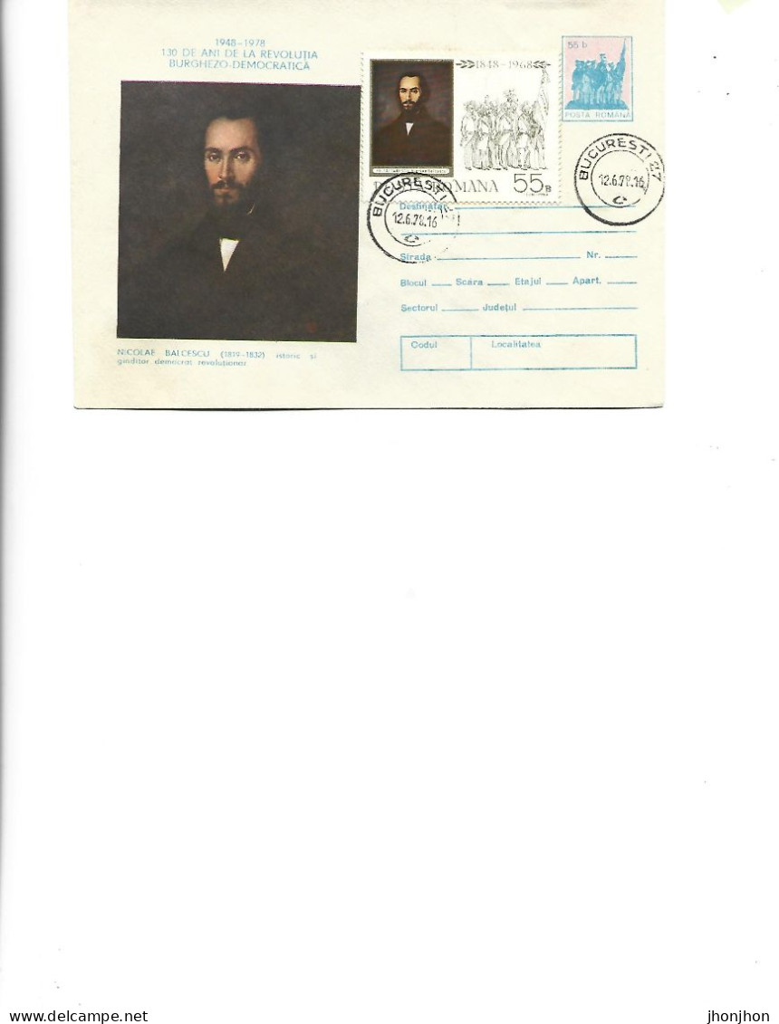 Romania - Post.st.cover Used 1978(198) -  Nicolae Balcescu, Historian And Revolutionary Democratic Thinker - Entiers Postaux