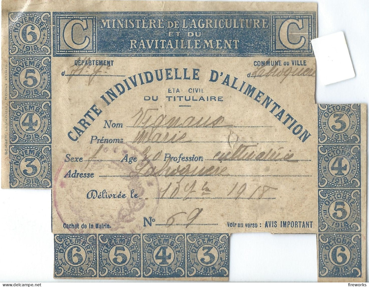1918 - CARTE INDIVIDUELLE D'ALIMENTATION De VIGNAUX Marie HAUTE-GARONNE - COMMUNE DE LABROQUÈRE (31) - 1914-18