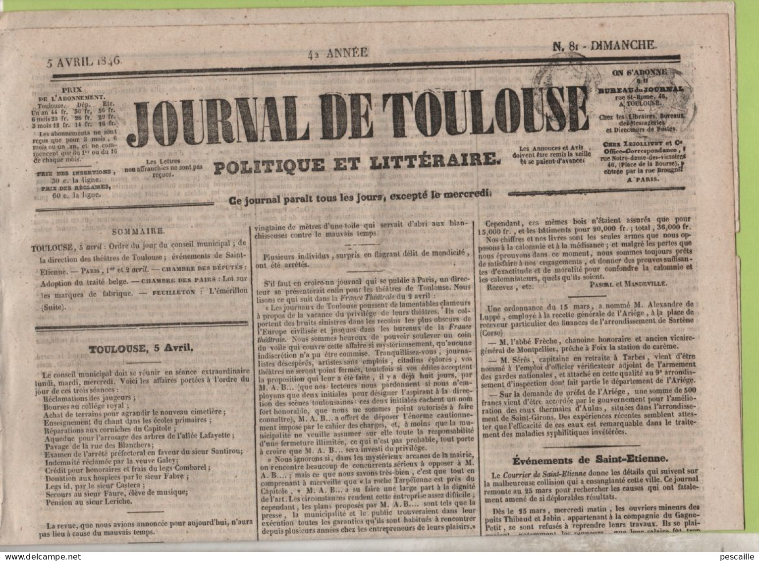 JOURNAL DE TOULOUSE 05 04 1846 - THEATRE DE TOULOUSE - GREVE DE MINEURS A SAINT ETIENNE - - 1800 - 1849