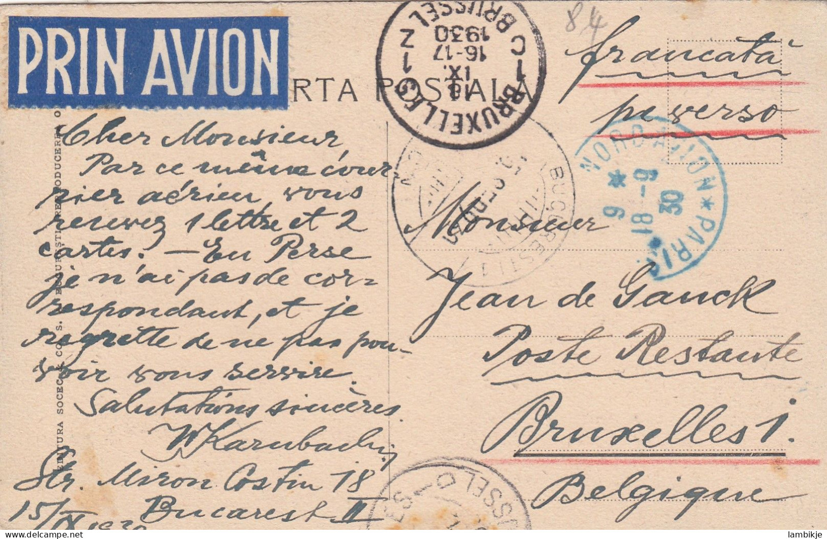 Rumanien Postcard Airmail 1930 - Lettres & Documents