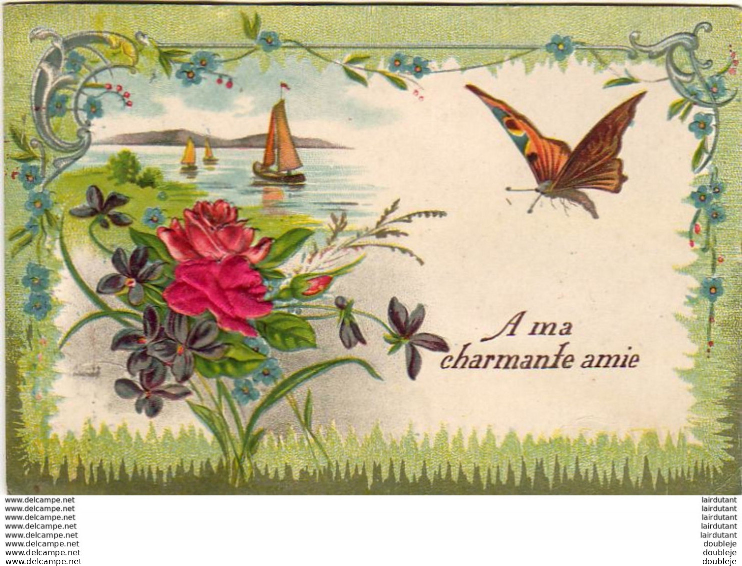 SUPERBE CARTE GAUFRÉE PAPILLON VIOLETTES AVEC ROSE FAÇON TISSU - Other & Unclassified