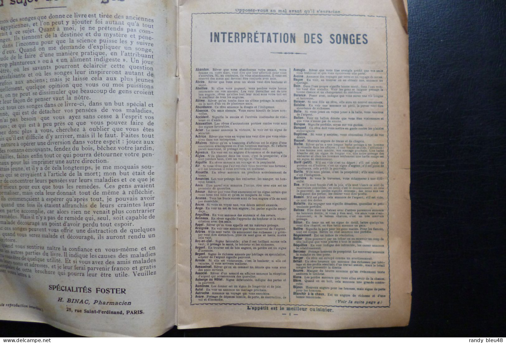 Brochure LIVRE EGYPTIEN DE SONGES  - Publié Par Spécialités FOSTER  -  Pharmacien  -  Illustrateur T.B. - Psicologia/Filosofia