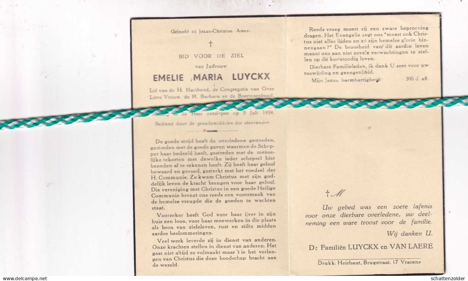 Emelie Maria Luyckx, Vrasene 1900, 1954 - Todesanzeige