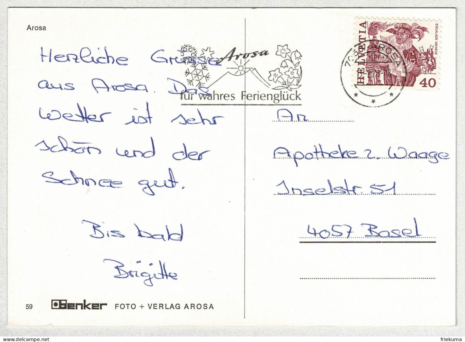 Schweiz / Helvetia 1978, Postkarte Arosa - Basel, Ferien / Vacances / Holidays - Autres & Non Classés