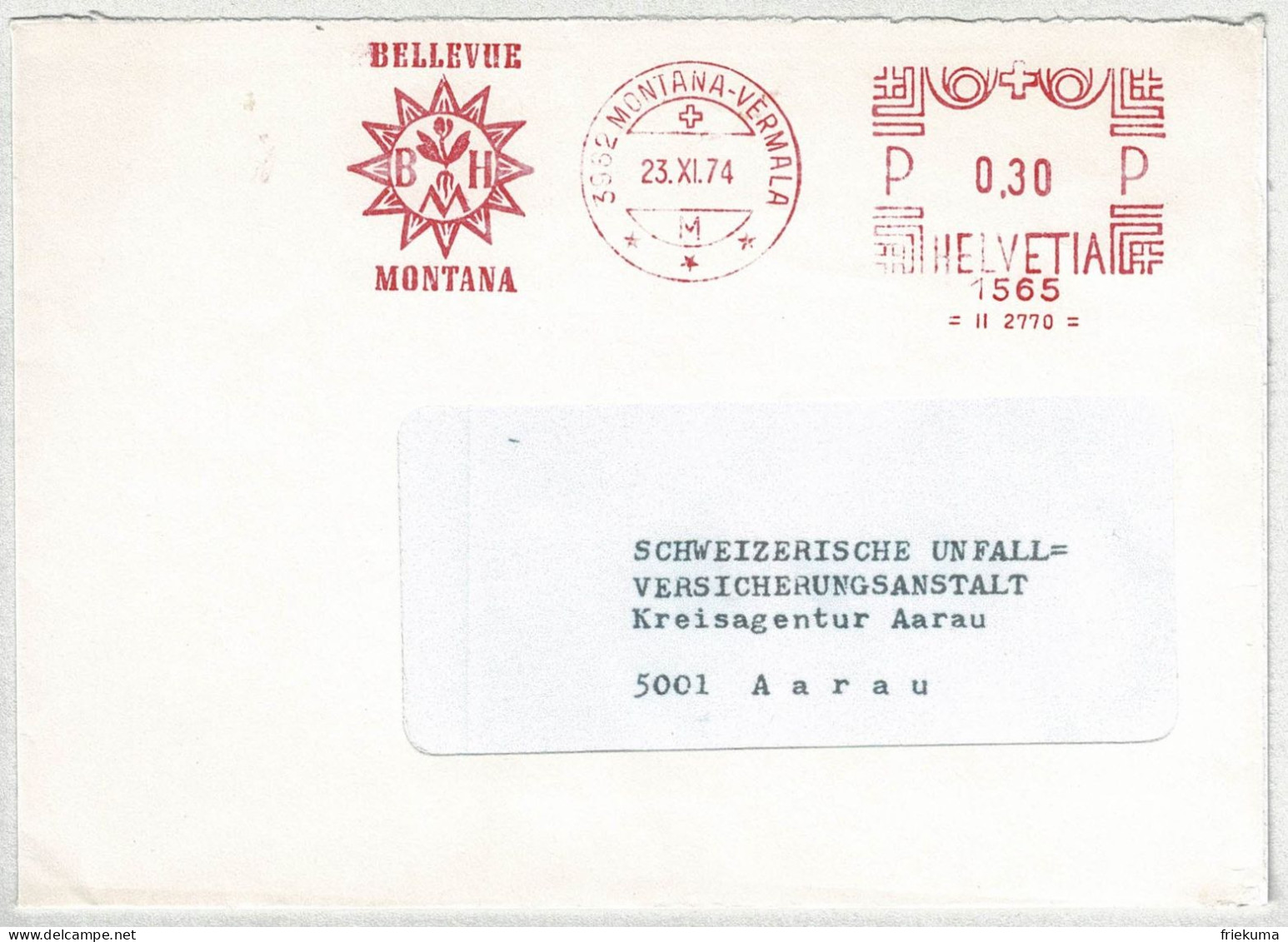 Schweiz / Helvetia 1974, Brief Freistempel / EMA / Meterstamp Bellevue Montana-Vermala - Aarau, Heilstätte - Andere & Zonder Classificatie