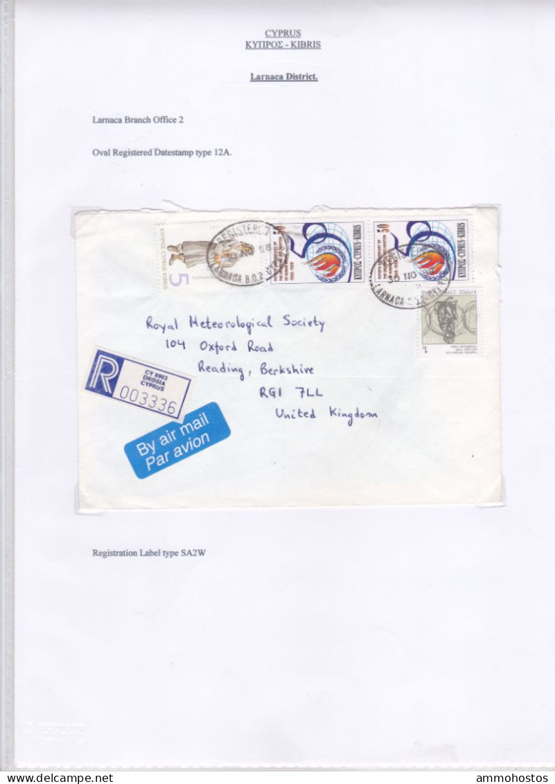 CYPRUS 1998 LARNACA BO 2 DROSIA  AIRMAIL REGISTERED COVER TO UK - Chipre (...-1960)