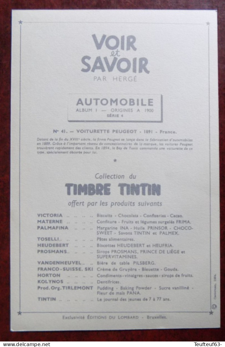 Chromo Tintin Voir Et Savoir " Automobile Origines à 1900 , Série 4 " - Voiturette Peugeot 1891 - Chromos