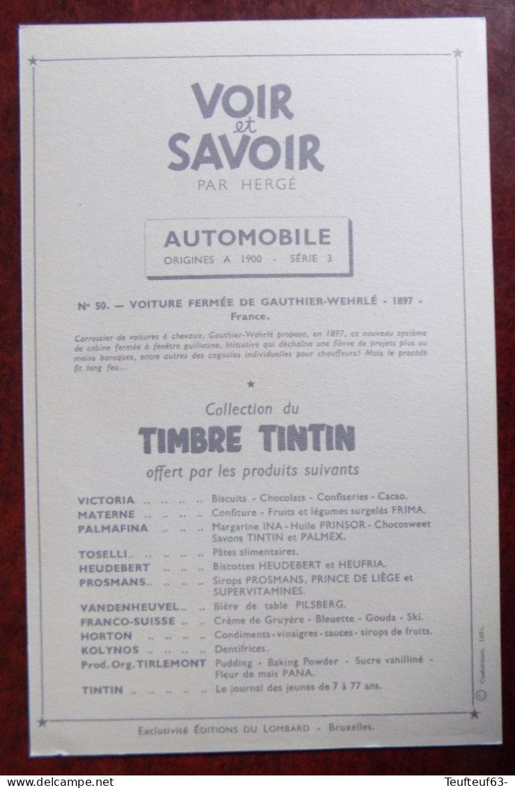 Chromo Tintin Voir Et Savoir " Automobile Origines à 1900 , Série 3 " - Voiture Fermée De Gauthier-Wehrlé 1897 - Chromo's