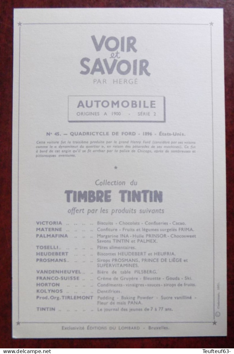 Chromo Tintin Voir Et Savoir " Automobile Origines à 1900 , Série 2 " - Quadricycle Ford 1896 - Chromos