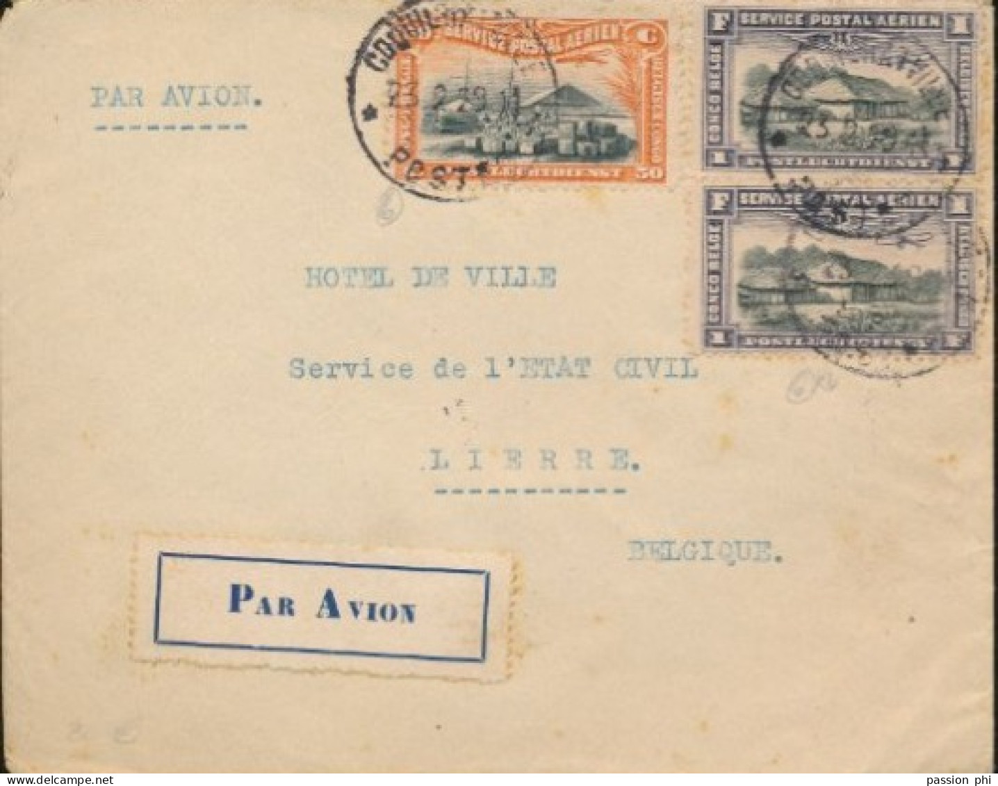 BELGIAN CONGO LETTRE PAR AVION DE COQUILHATVILLE 23.02.29 VERS LIERRE - Briefe U. Dokumente