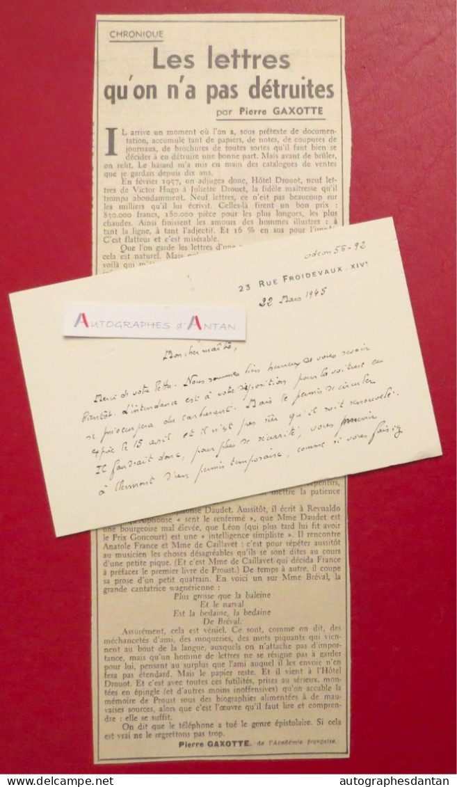 ● Pierre GAXOTTE 1945 Historien Académicien - Né Revigny Sur Ornain - Chaumeix Pleven - Carte Lettre Autographe - Ecrivains