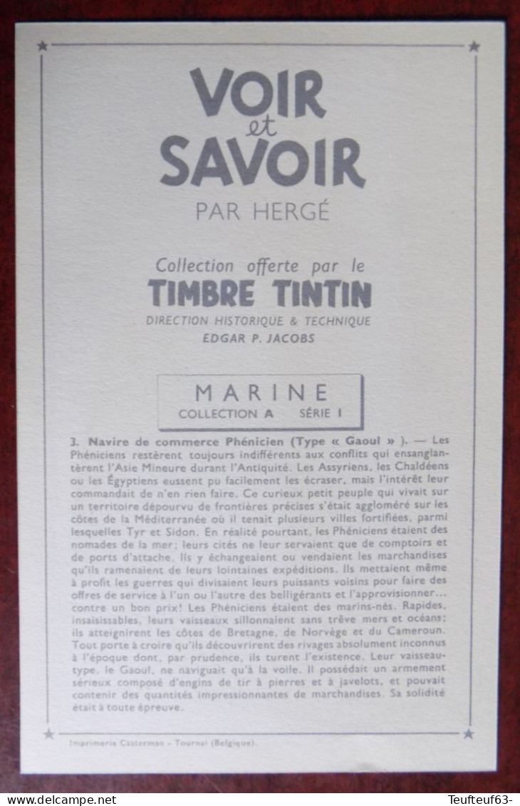 Chromo Tintin Voir Et Savoir " Marine Collection A Série 1 " Navire De Commerce Phénicien ( Type Gaoul ) - Chromo's