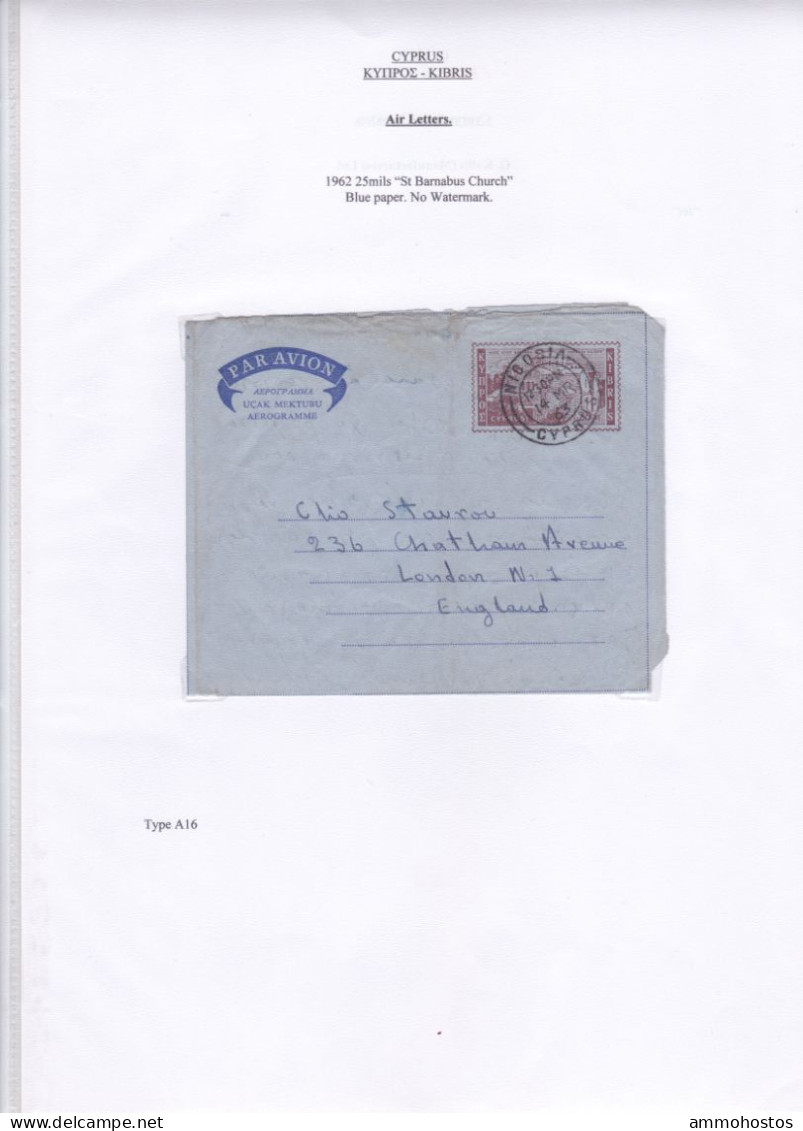 CYPRUS 1962 AIR LETTER 25 MILS BLUE PAPER NO WATERMARK NICOSIA TO UK - Chypre (...-1960)