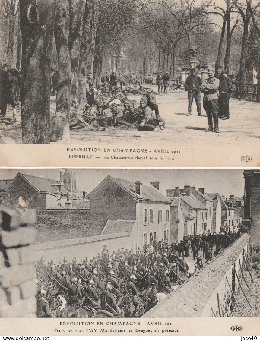 2 CPA Sur Les émeutes En Champagne D'avril 1911- Chasseurs à Cheval, Manifestants Et Dragons-EPERNAY Et AY - Sonstige & Ohne Zuordnung