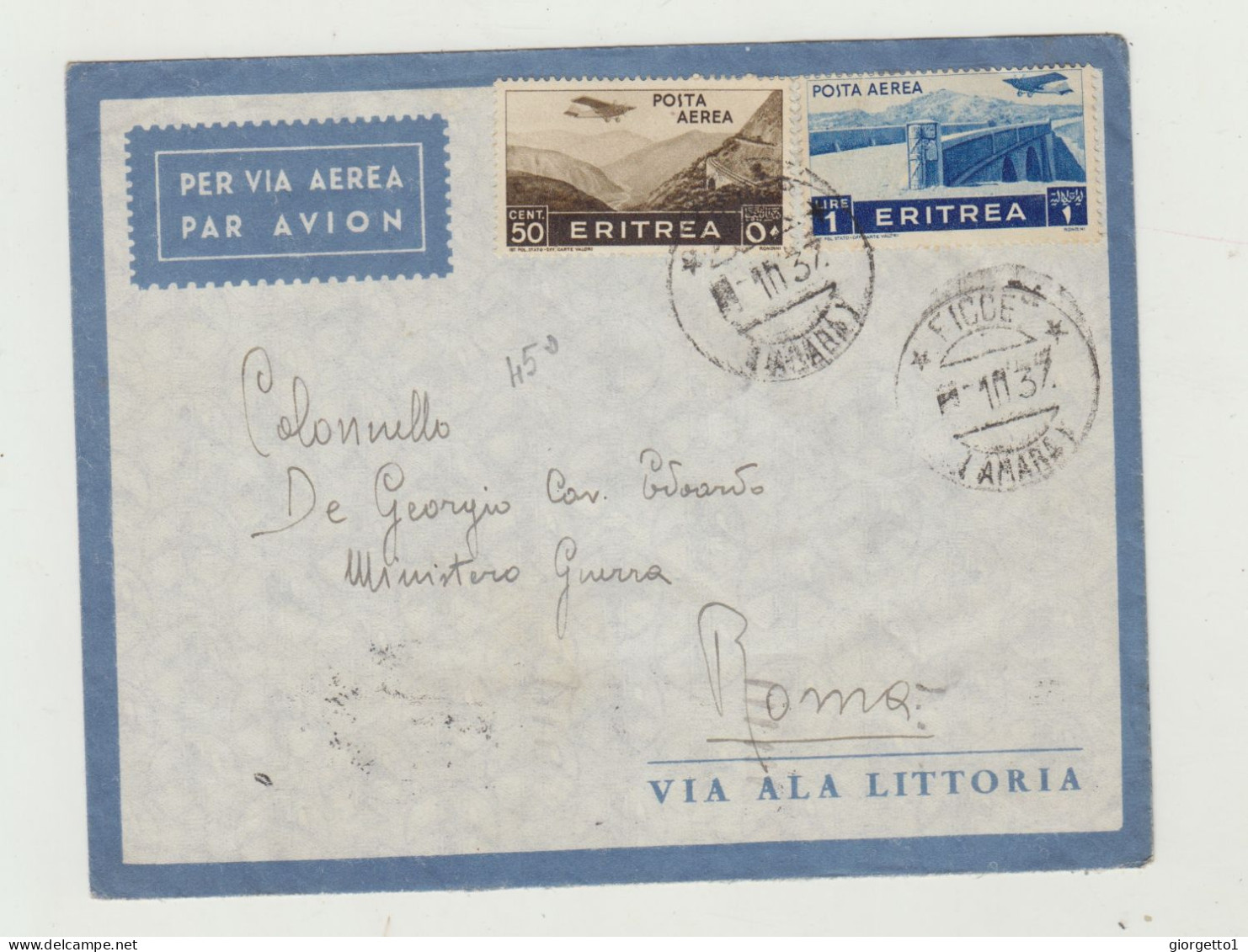 BUSTA SENZA  LETTERA - VIA ALA LITTORIA - ANNULLO FICCE - AMARA DEL 1937 VERSO ROMA WW2 - ERITREA A.O.I. - Marcophilie (Avions)