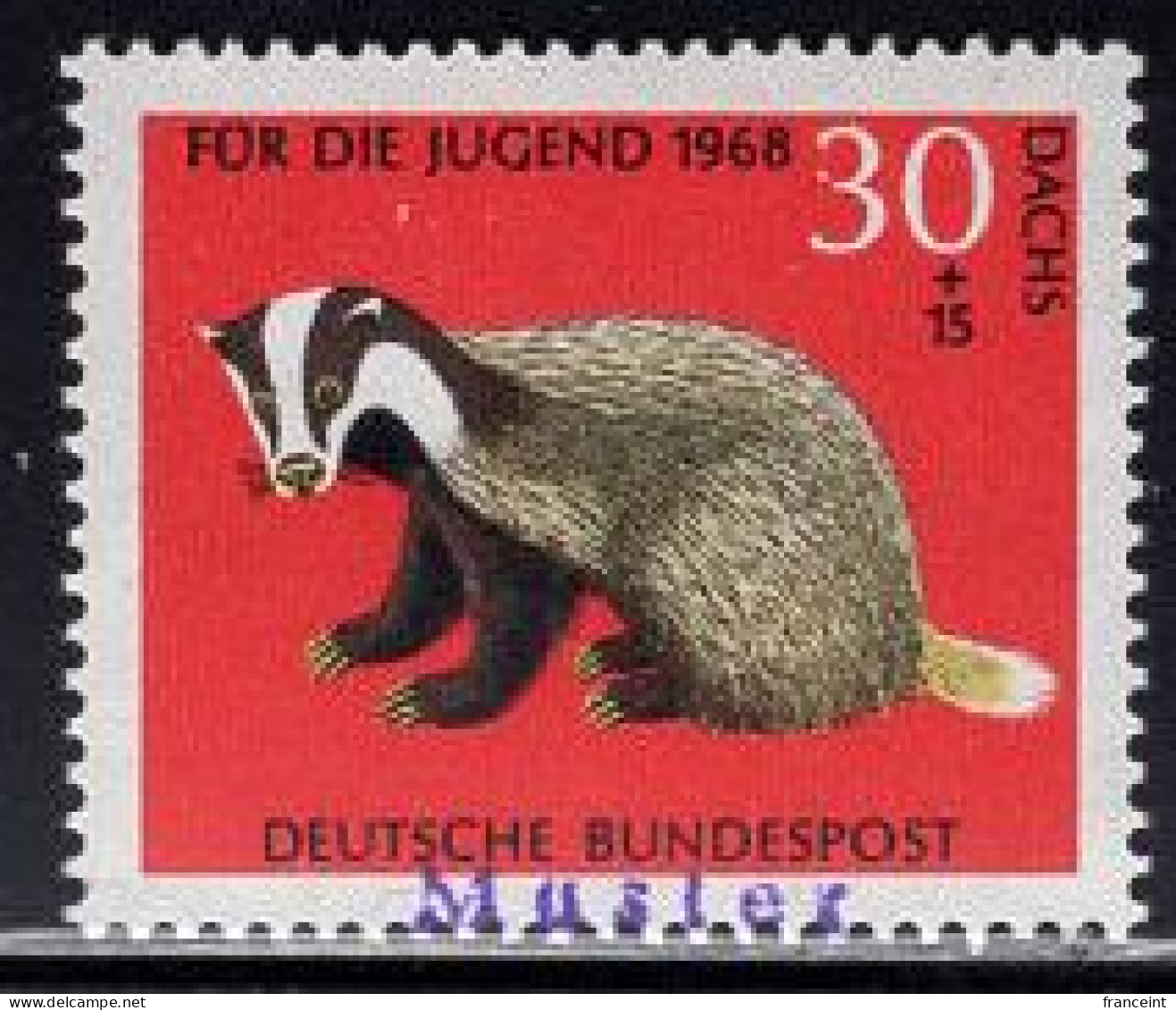 GERMANY(1968) Badger. MUSTER (specimen) Overprint. Scott No B432. - Andere & Zonder Classificatie