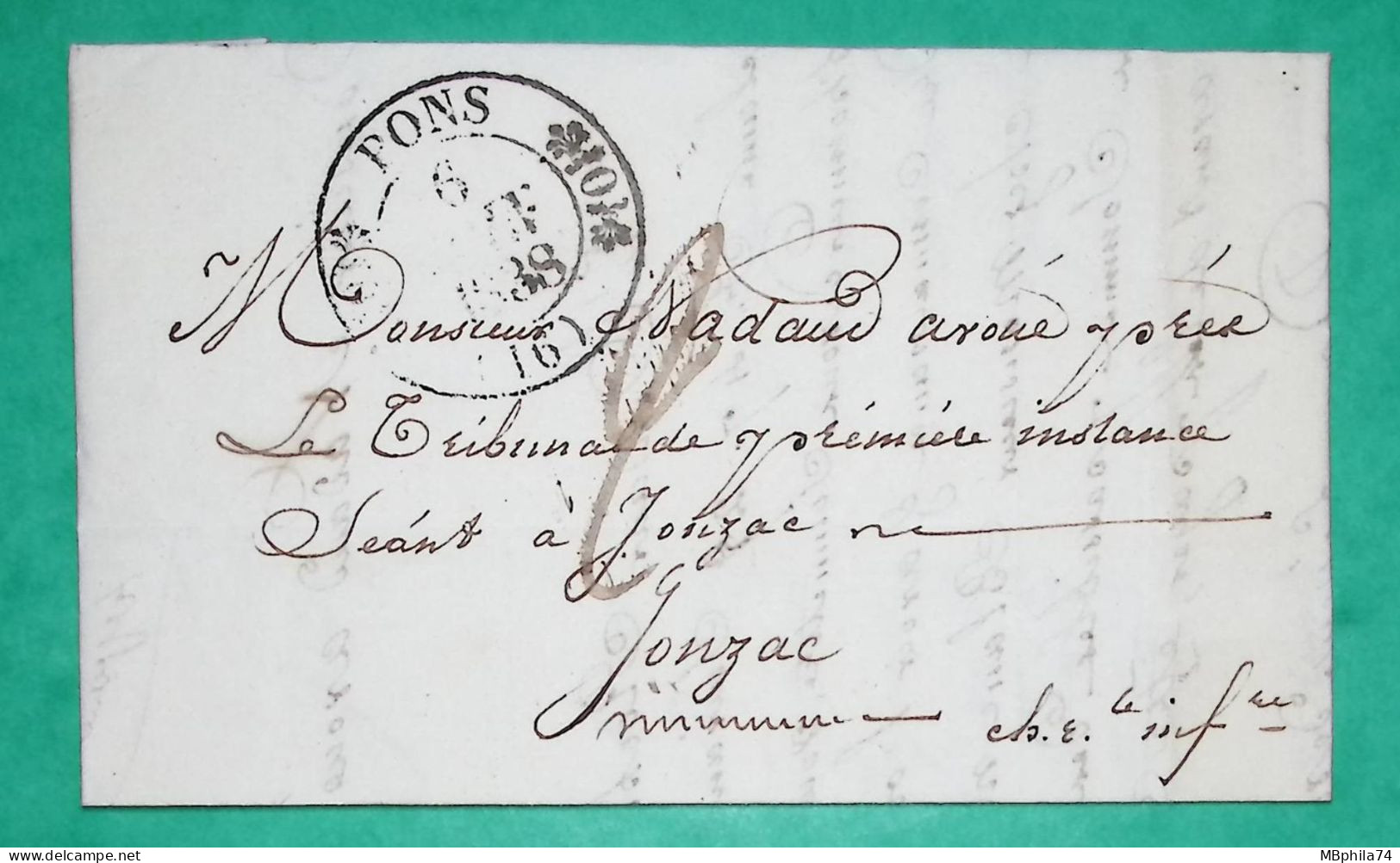 CAD TYPE 11 PONS CHARENTE INFERIEURE POUR JONZAC 1838 LETTRE COVER FRANCE - 1801-1848: Précurseurs XIX