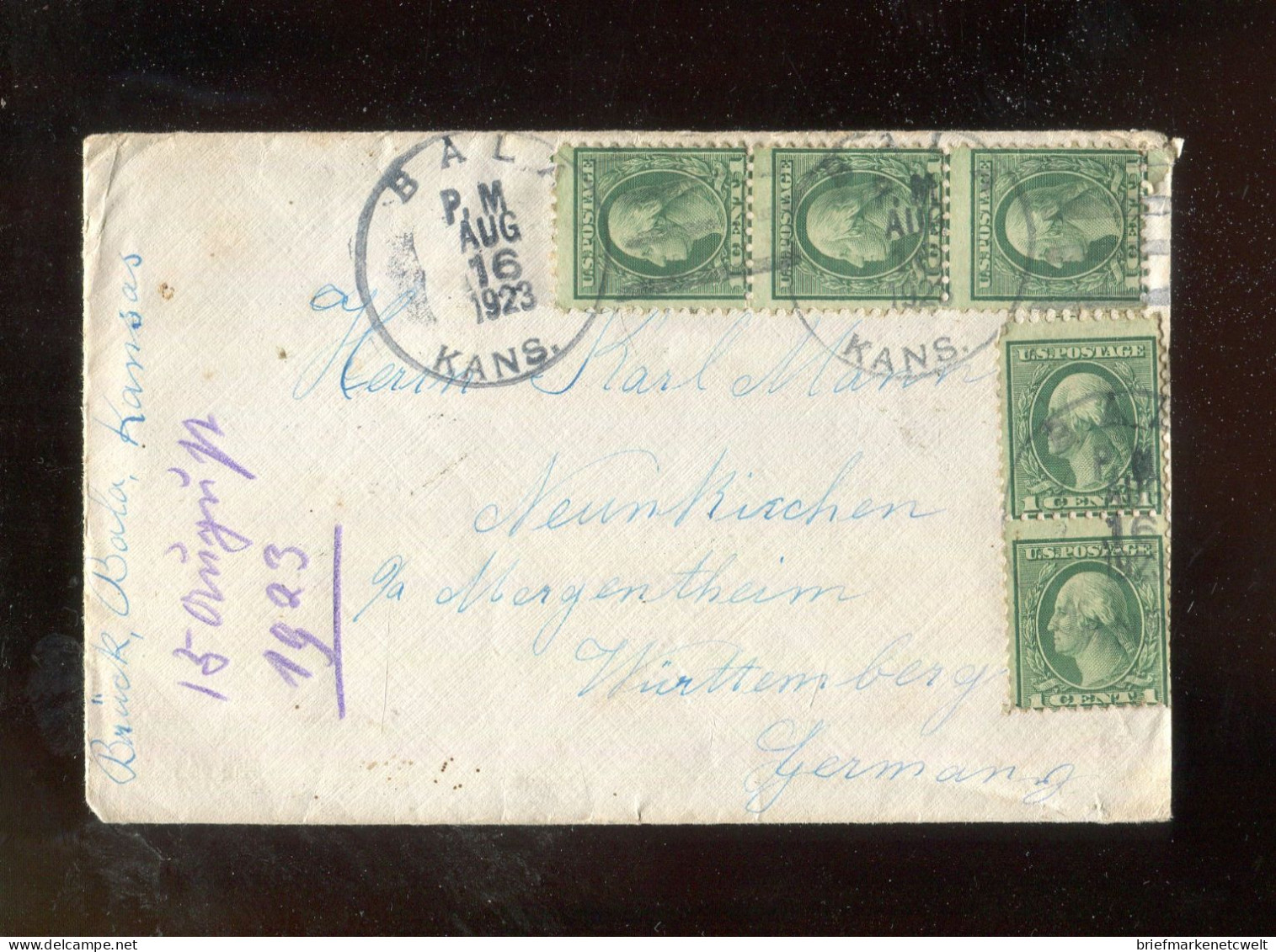 "USA" 1923, Brief MeF Mit K1 "BALA KANS." Nach Deutschland, Rs. Bahnpoststempel "K. WUERTT. BAHN-POST" (B2054) - Lettres & Documents