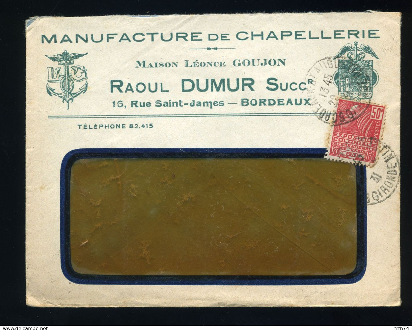 ENVELOPPE A EN TÊTE Raoul Dumur Léonce Goujon Chapellerie ( Logo Ancre De Marine, Blason ) 33 Bordeaux - Textile & Vestimentaire