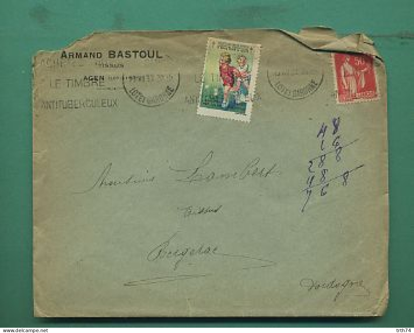 47 Agen Bastoul Armand Tissus Flamme Antituberculeux Et Timbre Anti Tuberculose 1933 Adressée à Bergerac ( 24 ) - Autres & Non Classés