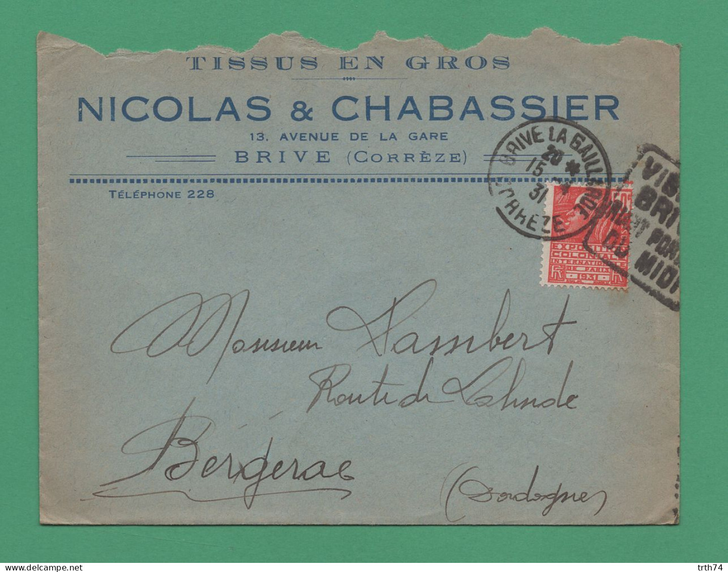 19 Brive Nicolas & Chabassier 13 Avenue De La Gare  Tissus En Gros ( Enveloppe à Entête, Cachet Daguin 1931 ) - Textile & Vestimentaire