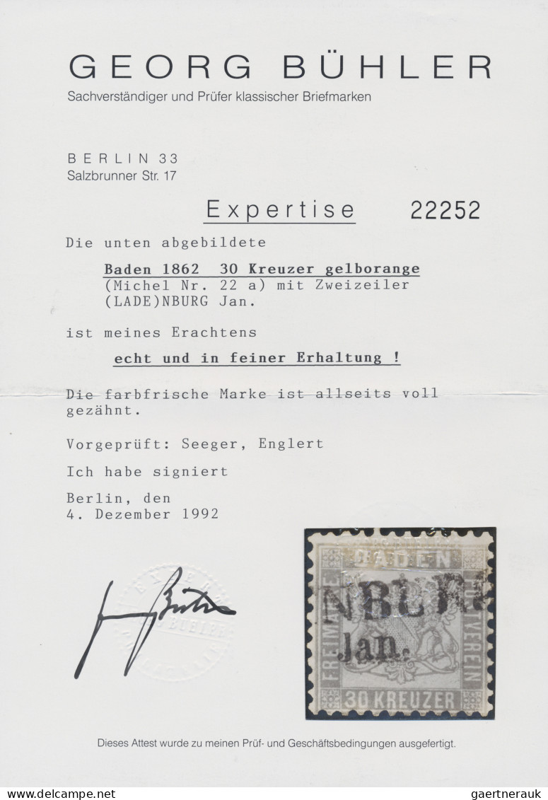 Baden - Marken Und Briefe: 1862, 30 Kr. Lebhaftgelborange, Tiefe Farbe, L 2 LADE - Autres & Non Classés