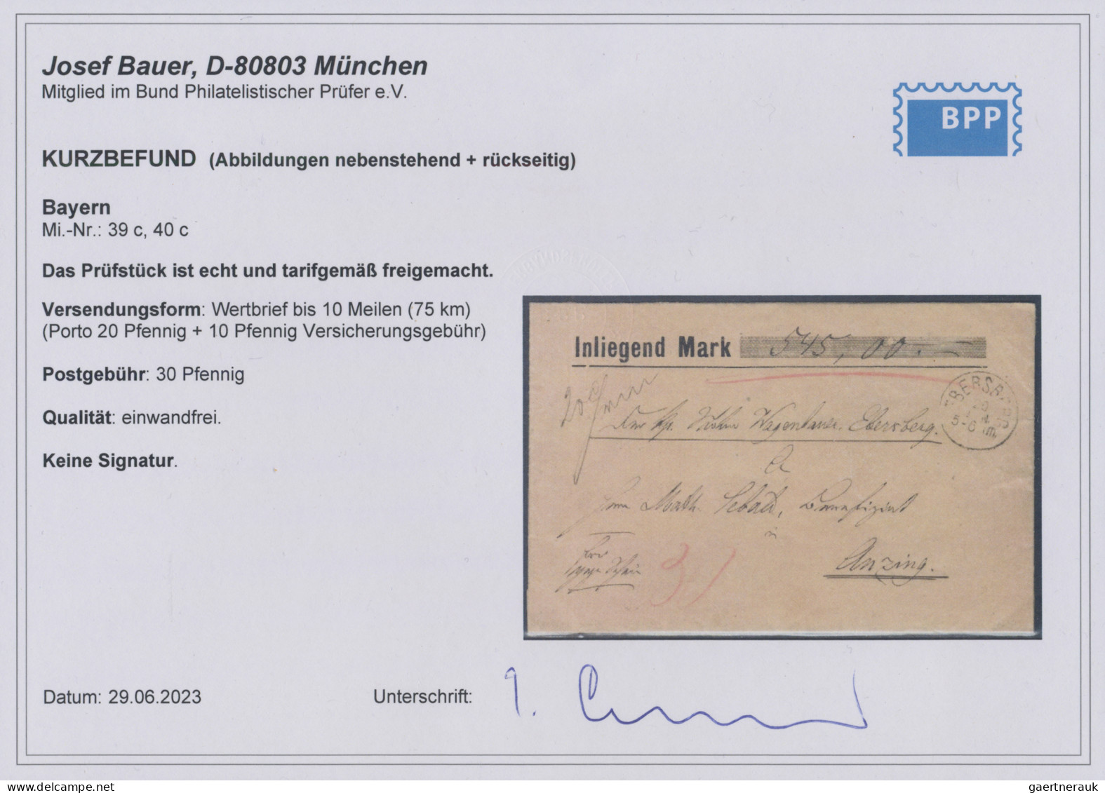 Bayern - Marken Und Briefe: 1876, 10 Pfg Wasserzeichen "Weite Welle" In Der Selt - Other & Unclassified