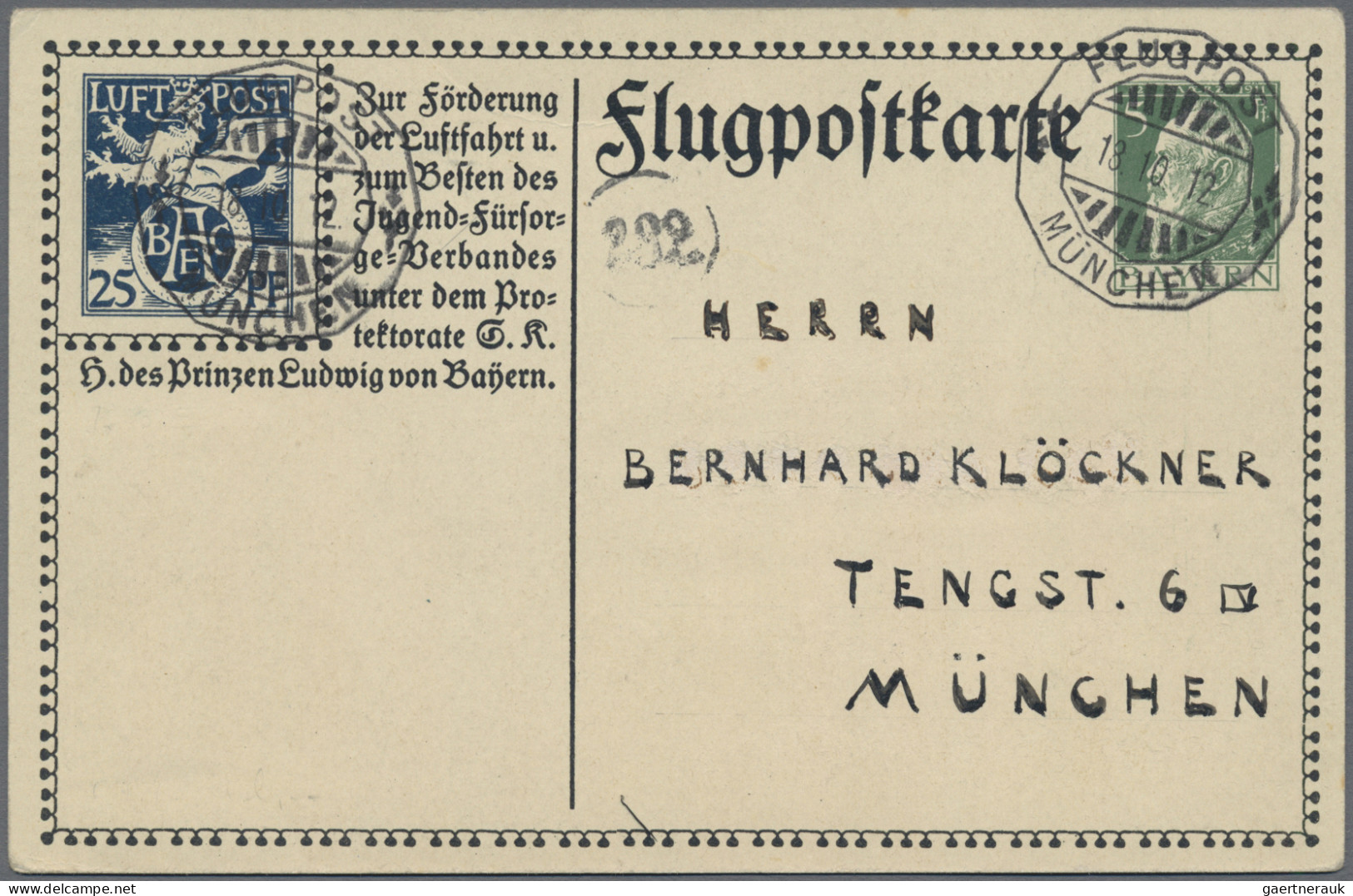 Bayern - Ganzsachen: 1912, Flugpostkarte 5 Pfg. Luitpold + 25 Pfg. "BAEC", Beide - Other & Unclassified