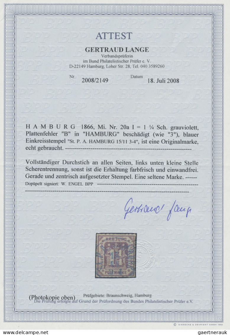 Hamburg - Marken Und Briefe: 1866, 1 1/4 S Grauviolett Mit Seltenem PF Auf Feld - Hamburg