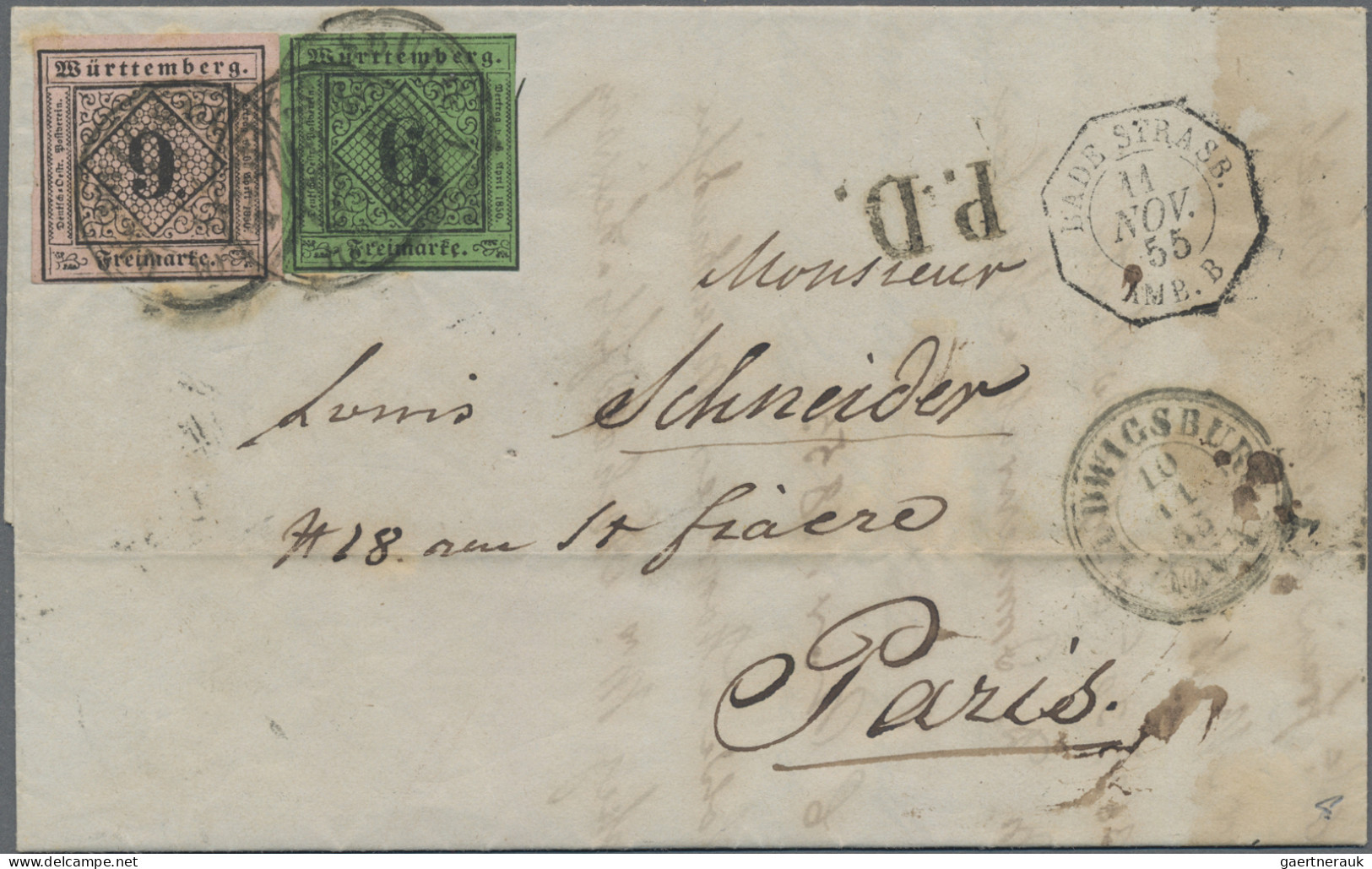 Württemberg - Marken Und Briefe: 1855, 6 Kr. Blaugrün, 3seitig Vollrandig Und 9 - Other & Unclassified